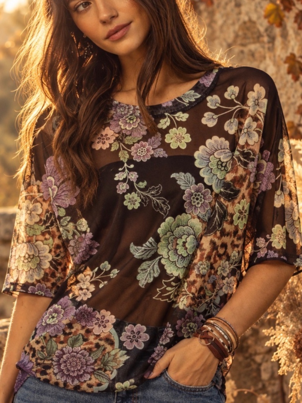 Boho Floral print Round Neck Short Sleeve Semi Sheer Top